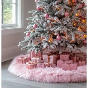 48 Inch Faux Fur Christmas Tree Skirt Pink Plush Skirt